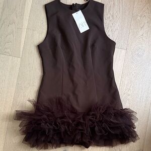 Zara Dark Brown Sleeveless Dress with Tulle Hem